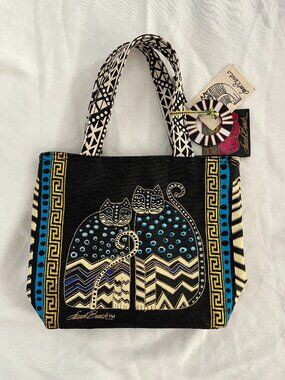 New Laurel Burch Small Tote Spotted Cats Black Canvas Lunch Bag